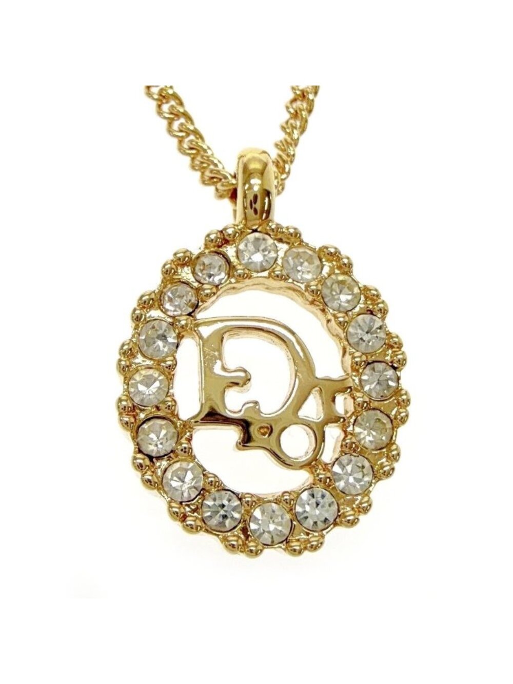 Dior Rhinestone Logo Oval Necklace Gold